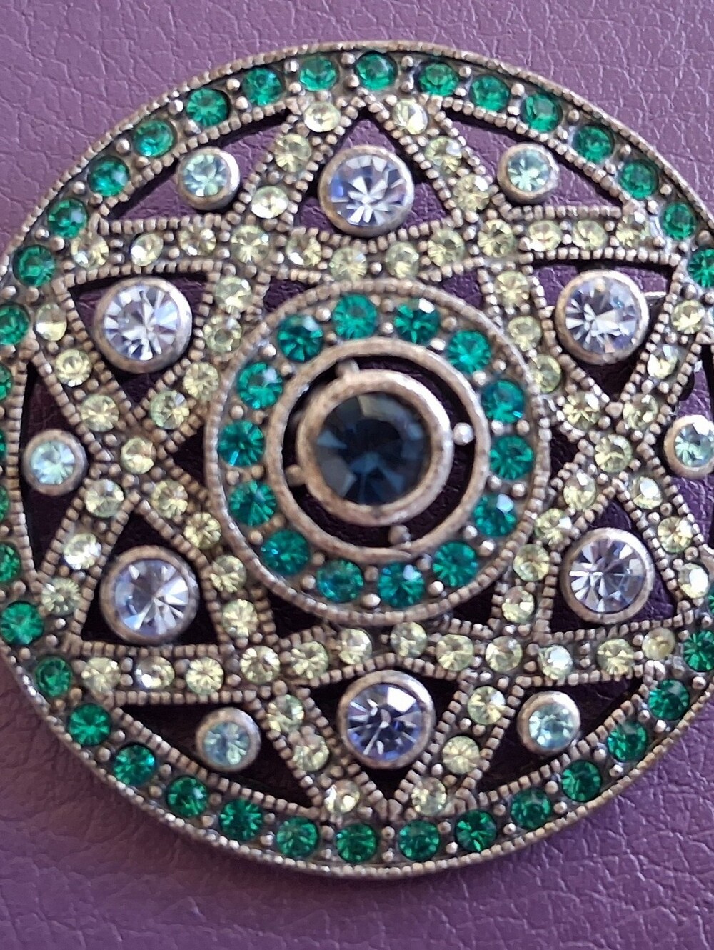 Vtg Stunning 6-Point Star Round Teal And Yellow Rhinestone Brooch
